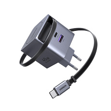 UGREEN síťová rychlonabíječka se zatahovacím kabelem 45W 3-Port, 2x USB-C, 1x USB-A, GaN, stříbrná