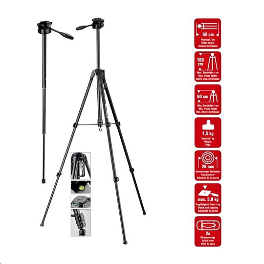 BAZAR - Braun stativ LW 168S (62-168cm, 1500 g, 3-směrná hlava, max.5kg, monopod) - POŠKOZENÝ OBAL