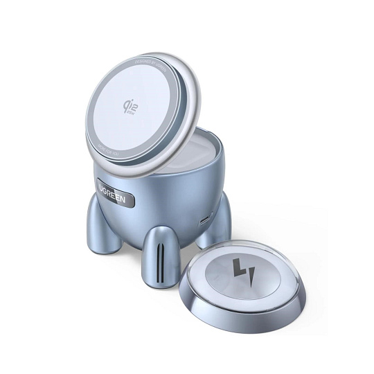 UGREEN magnetická bezdrátová nabíječka 2v1 MagFlow Qi2.2, 25W, MagSafe, raketa, stříbrná