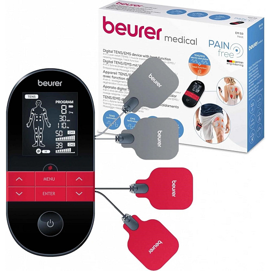 Beurer EM 59 elektrostimulátor 3v1, TENS/EMS technologie, funkce vyhřívání, 4 gelové elektrody, 2 nezávislé kanály
