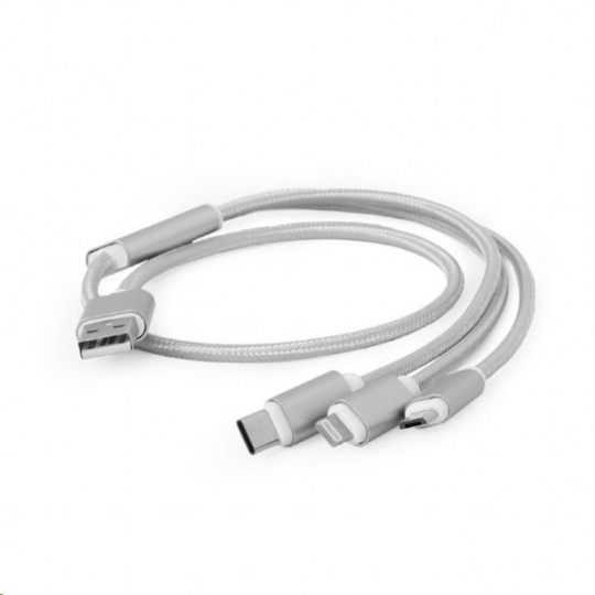 GEMBIRD kábel CABLEXPERT USB A Male/Micro B + Type-C + Lightning, 1 m, opletený, strieborný, blister