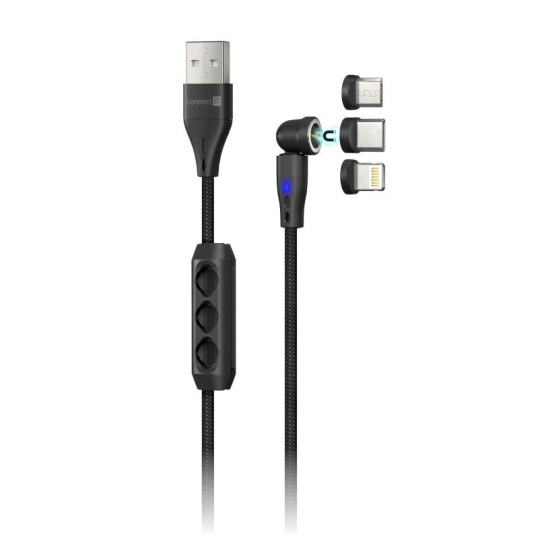 CONNECT IT Magnetický kabel PowerLink 3v1, USB-C / Lightning / MicroUSB, 2m, černá