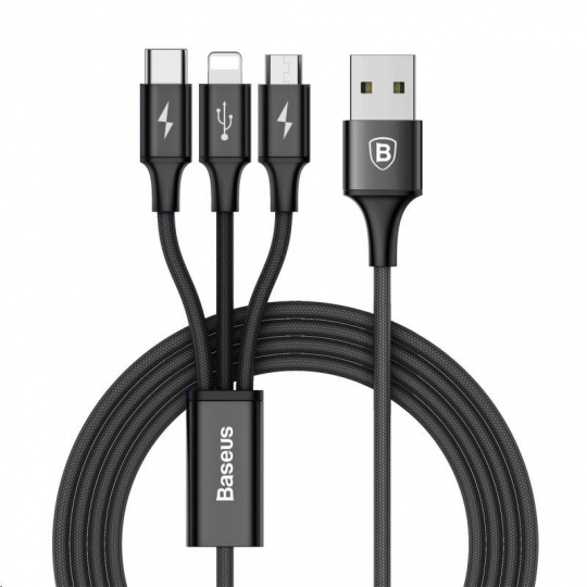 Baseus Rapid Series Nabíjací / dátový kábel 3v1 USB (Micro USB + Lightning + USB-C) 3A 1,2 m, čierny