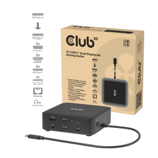 Club3D Dokovací stanice USB-C 12v1, 2xHDMI, 2xDP, 2xUSB-C, 1xUSB-C PD, 3xUSB, 1xRJ45, 1x3.5mm, černá Club3D Dokovací stanice USB-C 12v1, 2xHDMI, 2xDP, 2xUSB-C, 1xUSB-C PD, 3xUSB, 1xRJ45, 1x3.5mm, černá