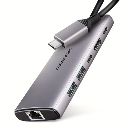 AXAGON HMC-6G2L, USB 10Gb/s hub, 2x USB-A, 1x USB-C, HDMI 4k/60, RJ-45, PD 100W, kábel USB-C 15cm