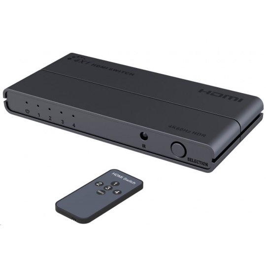 PREMIUMCORD Prepínač HDMI 4:1 s podporou 4Kx2K@60Hz, 1080P, HDR, tlačidlovým ovládaním a diaľkovým ovládaním