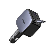 UGREEN rychlonabíječka do auta se zatahovacím kabelem 145W 3-Port, 2x USB-C,1x USB-A, GaN, stříbrná