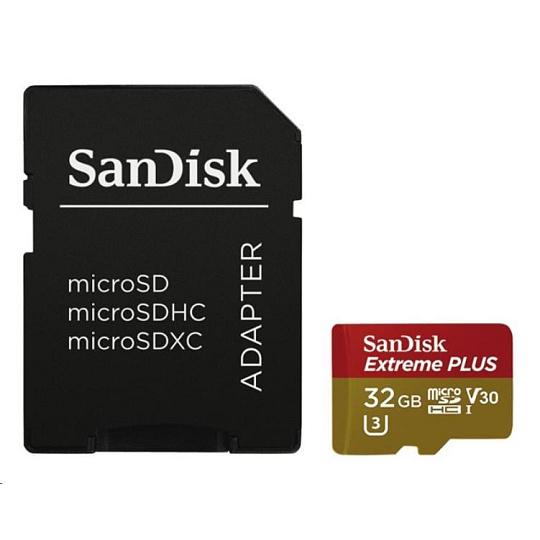 SanDisk MicroSDHC karta 32GB Extreme PLUS (R100/W90MB/s, UHS-I V30, Rescue Pro Deluxe) + adaptér